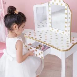 Fashion Polka Dot Gisele Play Vanity Set With Led Mirror White/Gold - Teamson Kids -Children Furniture Store GUEST 1d8d35a1 1982 42c4 a223 b6ce266208ff