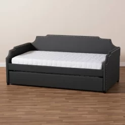 Twin Ally Fabric Upholstered Sofa Daybed With Roll Out Trundle Guest Bed Dark Gray - Baxton Studio -Children Furniture Store GUEST 22564ee2 9cf9 4172 971d c6bef7bab970