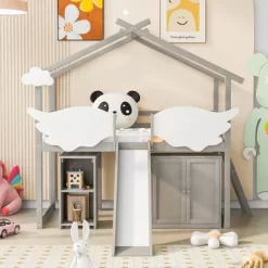 Twin Size House Shape Loft Bed With Wardrobe, Slide And Pullout Desk - ModernLuxe