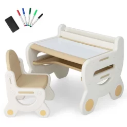 Costway Kids Drawing Table & Chair Set For Reading Playing With Pens & Blackboard Eraser Blue/Brown -Children Furniture Store GUEST 3582cdaf 6678 40e3 97cc 6aa66a510e0c