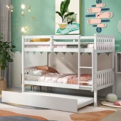 Twin Over Twin Wood Bunk Bed With Trundle, Safety Rail And Ladder-ModernLuxe -Children Furniture Store GUEST 3aa567b6 439d 4640 88b2 a0282a6ec70d