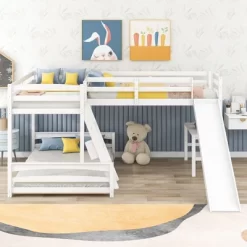 Twin Over Full Bunk Bed With Twin Size Loft Bed With Desk, Slide And Full Length Rail - ModernLuxe