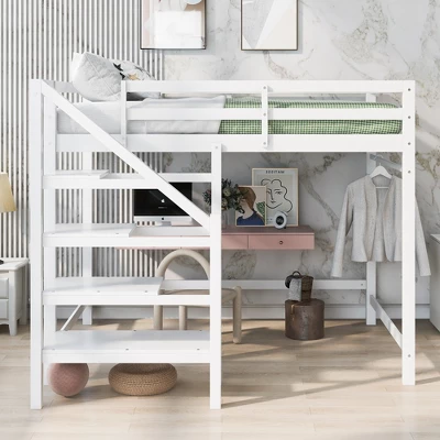 Full Size Loft Bed With Staircase And Safety Guardrails Gray/White-ModernLuxe 3 Full Size Loft Bed With Staircase And Safety Guardrails Gray/White-ModernLuxe