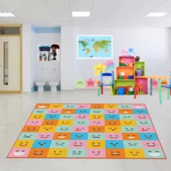 Deerlux 6 Ft. Social Distancing Colorful Kids Classroom Seating Area Rug, Emoji Mask Design