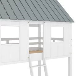 Twin Over Twin Low Bunk Beds With House Shaped Roof And Guardrail, White-ModernLuxe -Children Furniture Store GUEST 462b17b4 801d 456b 8355 689dcef66273