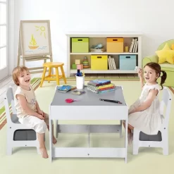 Costway Kids Table Chairs Set With Storage Boxes Blackboard Whiteboard Drawing GreyNature -Children Furniture Store GUEST 4aa7145d cfbf 4a0b 988e beda2a38d80d