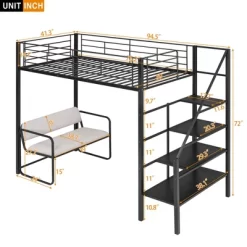 Twin Size Metal Loft Bed With Bench And Storage Staircase, Black-ModernLuxe 14 Twin Size Metal Loft Bed With Bench And Storage Staircase, Black-ModernLuxe -Children Furniture Store GUEST 55fc4456 b4eb 4f8d 9388 1ad2bee8a174