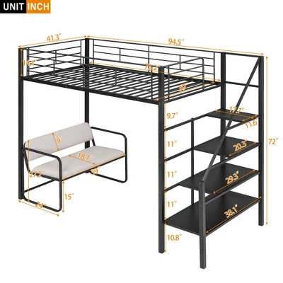Twin Size Metal Loft Bed With Bench And Storage Staircase, Black-ModernLuxe 5 Twin Size Metal Loft Bed With Bench And Storage Staircase, Black-ModernLuxe - Image 3