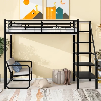 Twin Size Metal Loft Bed With Bench And Storage Staircase, Black-ModernLuxe 3 Twin Size Metal Loft Bed With Bench And Storage Staircase, Black-ModernLuxe