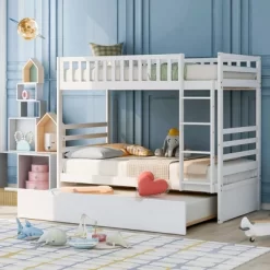 Twin Over Twin Wood Bunk Bed With Safety Rail And Movable Trundle-ModernLuxe -Children Furniture Store GUEST 60d7afc1 8cfd 480e 81a7 b40ffc211484