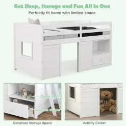 Costway Twin Size Low Loft Bed With Storage Drawer Activity Center Solid Wood Bed Frame -Children Furniture Store GUEST 641cc655 85eb 413b 852e 527584b15ab3