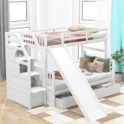 Twin Over Full Bunk Bed With Drawers,Storage Staircase And Slide-ModernLuxe