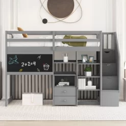 Twin Size Wood Loft Bed With Pullable Desk, Storage Shelves,Staircase And Blackboard-ModernLuxe