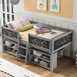 Twin Size Low Loft Bed With Two Removable Shelves, Ladder And Decorative Rail Chalkboard - ModernLuxe -Children Furniture Store GUEST 6fa88592 bea6 46be bb4f 46d5d03a2f5e
