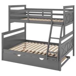 Twin Over Full Bunk Bed With Twin Size Trundle Bed, Ladder And Guardrail-ModernLuxe -Children Furniture Store GUEST 71996ad0 276a 42c8 a995 9db7aa95d346