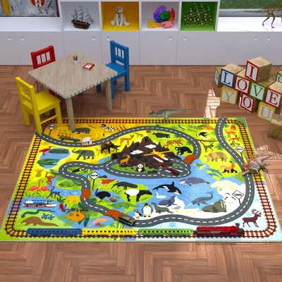 KC CUBS Boy & Girl Kids Animal Safari Car Vehicle Traffic Road Educational Learning & Game Play Nursery Bedroom Classroom Rug Carpet 4 KC CUBS Boy & Girl Kids Animal Safari Car Vehicle Traffic Road Educational Learning & Game Play Nursery Bedroom Classroom Rug Carpet - Image 2