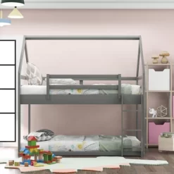 Twin Over Twin House Shaped Bunk Bed With Ladder And Guardrail-ModernLuxe