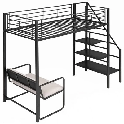 Twin Size Metal Loft Bed With Bench And Storage Staircase, Black-ModernLuxe 6 Twin Size Metal Loft Bed With Bench And Storage Staircase, Black-ModernLuxe - Image 4