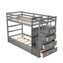 Twin Over Twin Wood Bunk Bed With 4 Drawers, Trundle And Staircase-ModernLuxe -Children Furniture Store GUEST 8194aab2 39ec 4d75 bef5 68c8e98ba193