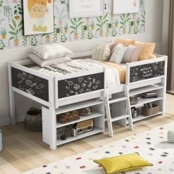 Twin Size Low Loft Bed With Two Removable Shelves, Ladder And Decorative Rail Chalkboard - ModernLuxe -Children Furniture Store GUEST 821c42dc 55a4 42d7 b5c6 042fe4486f80
