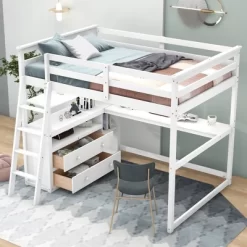 Full Size Loft Bed With Desk, Shelf And Two Built-in Drawers - ModernLuxe -Children Furniture Store GUEST 841a82b3 c634 4eac 8e3a 144c7b8a3296