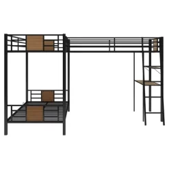 L-Shaped Twin Over Twin Bunk Bed With Twin Size Loft Bed With Desk And Shelf , Brown - ModernLuxe -Children Furniture Store GUEST 84df8ab9 b3c6 4c6f a382 44199549eae3