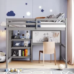 Wooden Loft Bed With Shelves, Desk And Writing Board - ModernLuxe