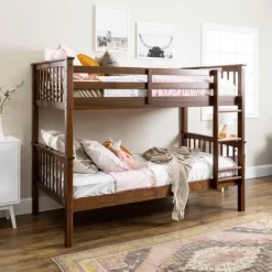 Twin Over Twin Transitional Cottage Solid Pine Bunk Bed Walnut - Saracina Home