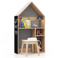 Costway Kids House-Shaped Table & Chair Set Wooden Toy Organizer Cabinet With Blackboard Grey/White -Children Furniture Store GUEST 8904a9cc 86f8 4d13 9bbe 86b48c84549d