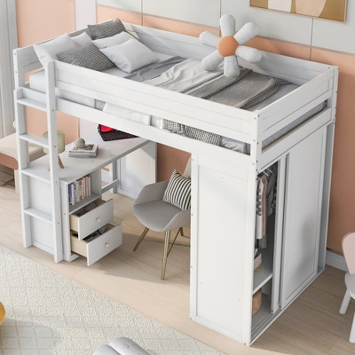 Wood Loft Bed With Wardrobes And 2-Drawer Desk With Cabinet-ModernLuxe 3 Wood Loft Bed With Wardrobes And 2-Drawer Desk With Cabinet-ModernLuxe