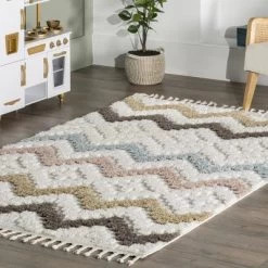 Sage Wavy Stripes Kids Tassel Area Rug -Children Furniture Store GUEST 89f0332f d786 4ff2 981f 66f3bf8c9f12