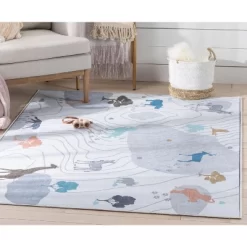 Well Woven Safari Animals Map Playmat Apollo Kids Collection Grey Area Rug