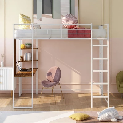 Full Size Metal Loft Bed With 2 Shelves And One Desk - ModernLuxe 3 Full Size Metal Loft Bed With 2 Shelves And One Desk - ModernLuxe