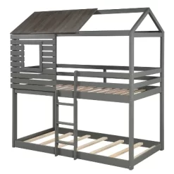 Twin Over Twin Wood Bunk Bed With Roof, Window, Guardrail, Ladder Gray-ModernLuxe -Children Furniture Store GUEST 92315a95 ed0e 496c 93fe 63415b3cdbb8