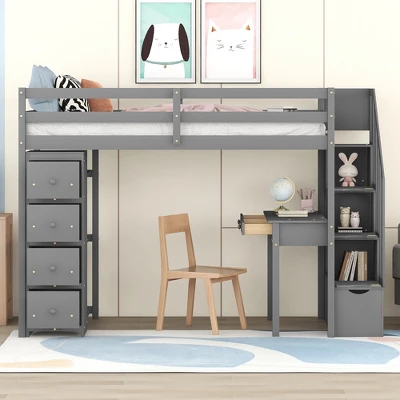 Twin Size Wooden Loft Bed With Storage Drawers, Desk And Shelves - ModernLuxe 3 Twin Size Wooden Loft Bed With Storage Drawers, Desk And Shelves - ModernLuxe