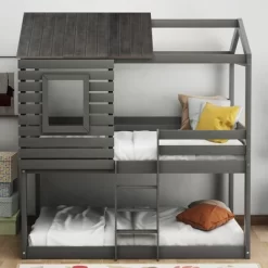 Twin Over Twin Wood Bunk Bed With Roof, Window, Guardrail, Ladder Gray-ModernLuxe