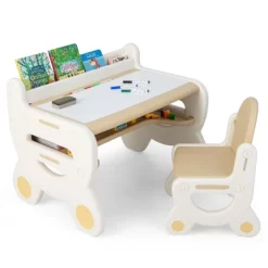 Costway Kids Drawing Table & Chair Set For Reading Playing With Pens & Blackboard Eraser Blue/Brown -Children Furniture Store GUEST a20f7954 7490 4aaf bd5f 133ec2678939