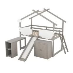 Twin Size House Shape Loft Bed With Wardrobe, Slide And Pullout Desk - ModernLuxe -Children Furniture Store GUEST a53aef0a 71b0 4076 9d86 a1935228d28f