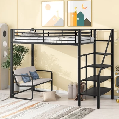 Twin Size Metal Loft Bed With Bench And Storage Staircase, Black-ModernLuxe 4 Twin Size Metal Loft Bed With Bench And Storage Staircase, Black-ModernLuxe - Image 2
