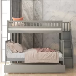 Twin Over Full Bunk Bed With Trundle Bed And Staircase-ModernLuxe