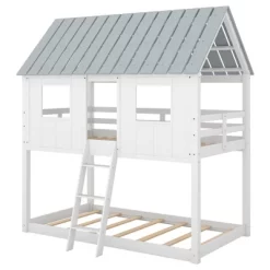 Twin Over Twin Low Bunk Beds With House Shaped Roof And Guardrail, White-ModernLuxe -Children Furniture Store GUEST bd7f0bb8 5c84 4939 9f57 343b13d1d4f6