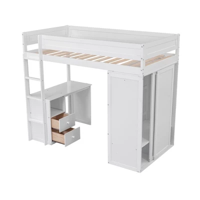 Wood Loft Bed With Wardrobes And 2-Drawer Desk With Cabinet-ModernLuxe 8 Wood Loft Bed With Wardrobes And 2-Drawer Desk With Cabinet-ModernLuxe - Image 6