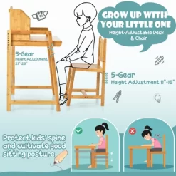 Costway Bamboo Kids Study Desk And Chair Set Height Adjustable Home School W/ Bookshelf -Children Furniture Store GUEST d41351d5 92e4 4354 96d8 158349d2f643