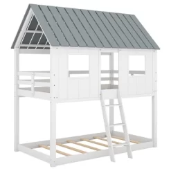 Twin Over Twin Low Bunk Beds With House Shaped Roof And Guardrail, White-ModernLuxe -Children Furniture Store GUEST da75c7d1 0489 4840 9a27 b2dcb4a10db2