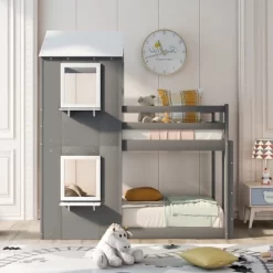 Twin Over Twin Wood Bunk Bed With Roof, Window, Guardrail, And Ladder-ModernLuxe