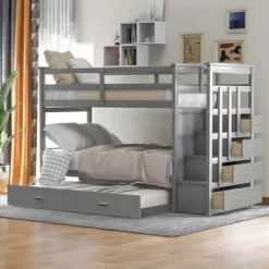 Twin Over Twin Wood Bunk Bed With 4 Drawers, Trundle And Staircase-ModernLuxe -Children Furniture Store GUEST e332f041 c709 4c40 9e1a e96ef2d74b04