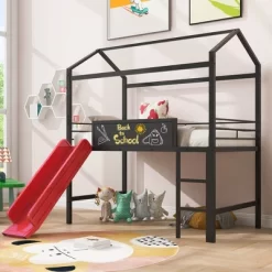 Twin Size Metal House Loft Bed With Slide And Two-Sided Writable Wooden Board-ModernLuxe -Children Furniture Store GUEST f3bdae1c 224e 4029 8cea 58f1e40d663e