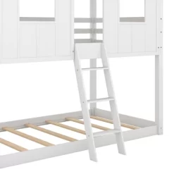 Twin Over Twin Low Bunk Beds With House Shaped Roof And Guardrail, White-ModernLuxe -Children Furniture Store GUEST f701df88 344a 4153 a870 577797c403a1