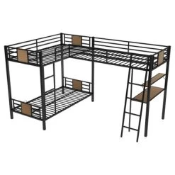 L-Shaped Twin Over Twin Bunk Bed With Twin Size Loft Bed With Desk And Shelf , Brown - ModernLuxe -Children Furniture Store GUEST fc068b8a dc42 4861 8915 517467c4758b