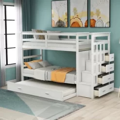 Twin Over Twin Wood Bunk Bed With 4 Drawers, Trundle And Staircase-ModernLuxe -Children Furniture Store GUEST fc0825a9 92bb 4880 bafb d96017352548